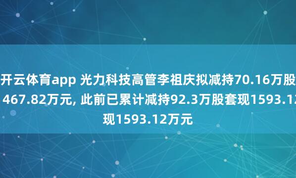 开云体育app 光力科技高管李祖庆拟减持70.16万股套现1467.82万元, 此前已累计减持92.3万股套现1593.12万元